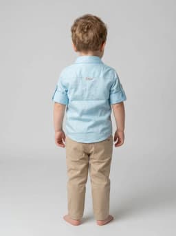 Boys Light Blue Collared Shirt with Beige Tartan Check Accent