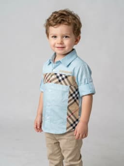 Boys Light Blue Collared Shirt with Beige Tartan Check Accent