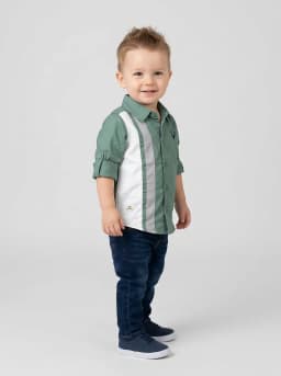 Boys Sage Green Colourblocked Roll-Up Sleeve Casual Shirt