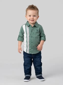 Boys Sage Green Colourblocked Roll-Up Sleeve Casual Shirt
