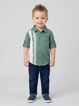 Boys Sage Green Colourblocked Roll-Up Sleeve Casual Shirt