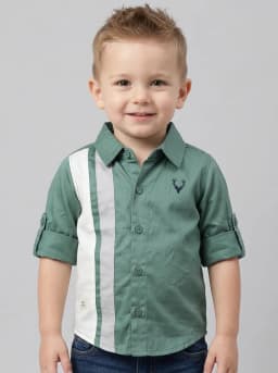 Boys Sage Green Colourblocked Roll-Up Sleeve Casual Shirt