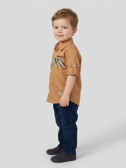 Boys Camel Brown Button-Down Shirt with Plaid Chest Panel