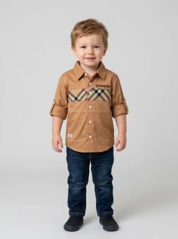 Boys Camel Brown Button-Down Shirt with Plaid Chest Panel