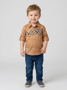 Boys Camel Brown Button-Down Shirt with Plaid Chest Panel