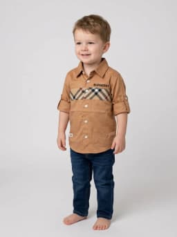 Boys Camel Brown Button-Down Shirt with Plaid Chest Panel