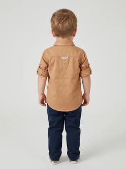 Boys Camel Brown Button-Down Shirt with Plaid Chest Panel
