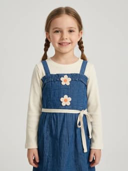 Girls Off-White Ribbed Top and Mid-Blue Denim Pinafore Dress Set