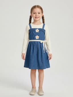 Girls Off-White Ribbed Top and Mid-Blue Denim Pinafore Dress Set