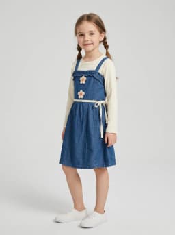 Girls Off-White Ribbed Top and Mid-Blue Denim Pinafore Dress Set