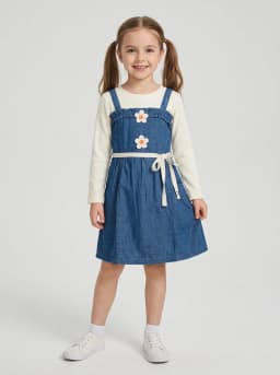 Girls Off-White Ribbed Top and Mid-Blue Denim Pinafore Dress Set