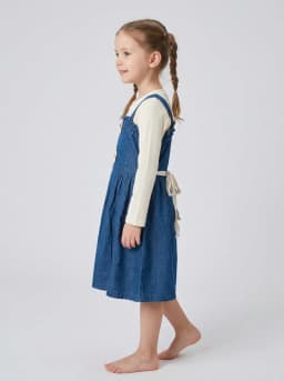 Girls Off-White Ribbed Top and Mid-Blue Denim Pinafore Dress Set