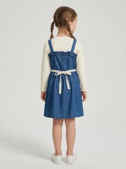 Girls Off-White Ribbed Top and Mid-Blue Denim Pinafore Dress Set