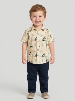 Boys Cream Textured Printed Short-Sleeve Casual Shirt