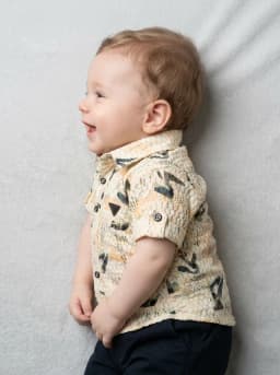 Boys Cream Textured Printed Short-Sleeve Casual Shirt