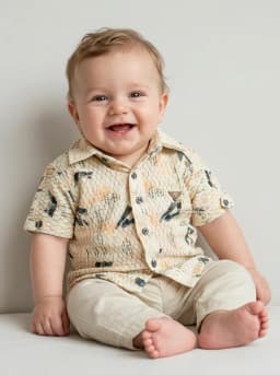 Boys Cream Textured Printed Short-Sleeve Casual Shirt
