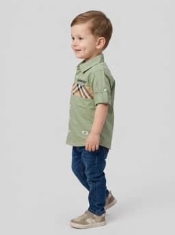 Boys Light Green Check Panel Casual Shirt