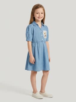 Girls Light Blue Washed Denim A-Line Shirt Dress with Floral Patch