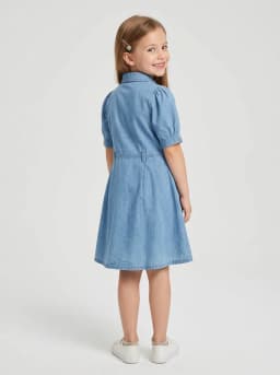 Girls Light Blue Washed Denim A-Line Shirt Dress with Floral Patch