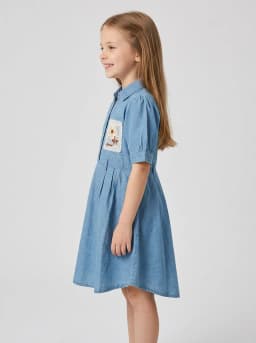 Girls Light Blue Washed Denim A-Line Shirt Dress with Floral Patch