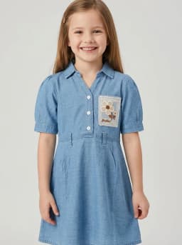 Girls Light Blue Washed Denim A-Line Shirt Dress with Floral Patch