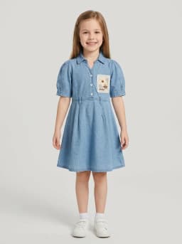 Girls Light Blue Washed Denim A-Line Shirt Dress with Floral Patch