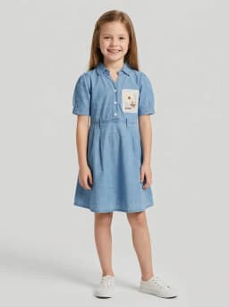 Girls Light Blue Washed Denim A-Line Shirt Dress with Floral Patch