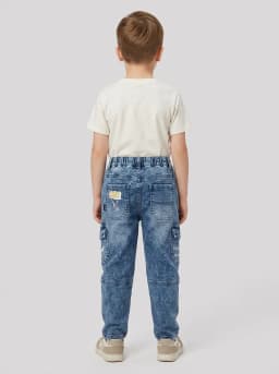 Boys Mid-Blue Washed Denim Cargo Jogger Jeans with Drawstring