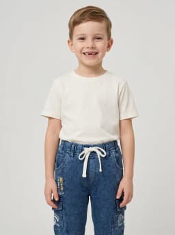 Boys Mid-Blue Washed Denim Cargo Jogger Jeans with Drawstring