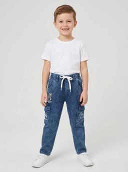 Boys Mid-Blue Washed Denim Cargo Jogger Jeans with Drawstring