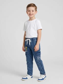 Boys Mid-Blue Washed Denim Cargo Jogger Jeans with Drawstring