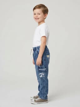 Boys Mid-Blue Washed Denim Cargo Jogger Jeans with Drawstring