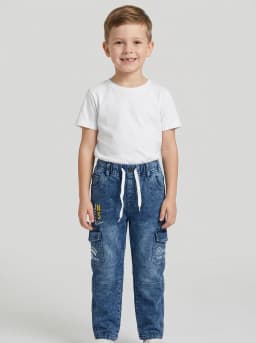 Boys Mid-Blue Washed Denim Cargo Jogger Jeans with Drawstring