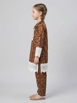 Girls Brown Floral Printed Kurti and Trouser Set with White Lace Trim