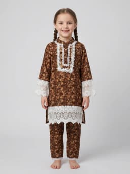 Girls Brown Floral Printed Kurti and Trouser Set with White Lace Trim