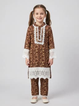 Girls Brown Floral Printed Kurti and Trouser Set with White Lace Trim