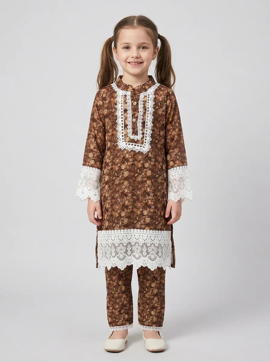 Girls Brown Floral Printed Kurti and Trouser Set with White Lace Trim