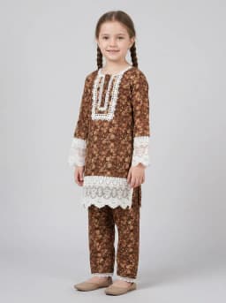 Girls Brown Floral Printed Kurti and Trouser Set with White Lace Trim