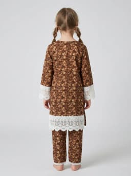 Girls Brown Floral Printed Kurti and Trouser Set with White Lace Trim