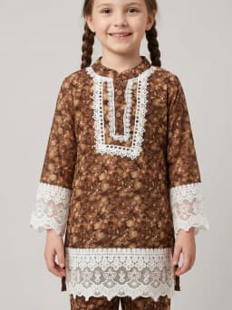 Girls Brown Floral Printed Kurti and Trouser Set with White Lace Trim