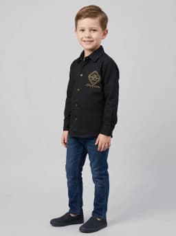Boys Black Full Sleeve Shirt with Embellished Crest