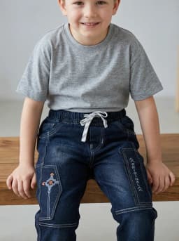 Boys Dark Blue Washed Denim Jogger Jeans with Contrast Stitching