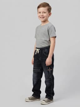 Boys Dark Blue Washed Denim Jogger Jeans with Contrast Stitching