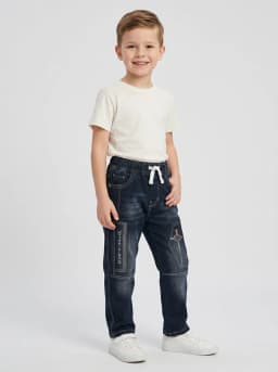 Boys Dark Blue Washed Denim Jogger Jeans with Contrast Stitching