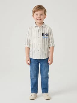 Boys Off-White Striped Casual Shirt with Hello Friends Print