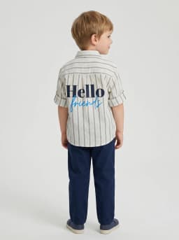 Boys Off-White Striped Casual Shirt with Hello Friends Print