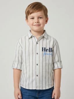 Boys Off-White Striped Casual Shirt with Hello Friends Print