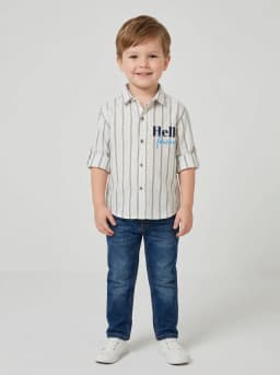 Boys Off-White Striped Casual Shirt with Hello Friends Print