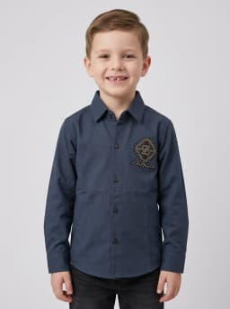 Boys Dark Slate Blue Full Sleeve Casual Shirt with Embellished Motif
