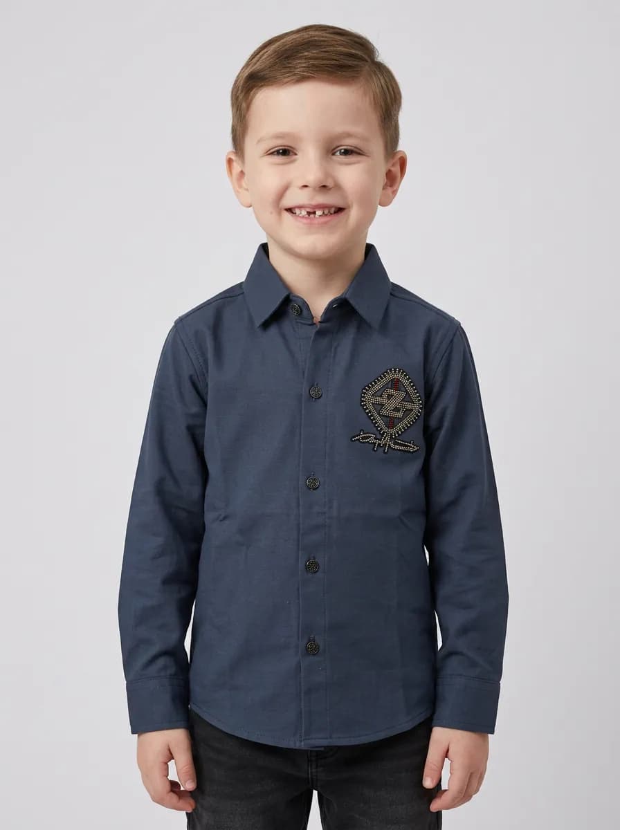 Boys Dark Slate Blue Full Sleeve Casual Shirt with Embellished Motif